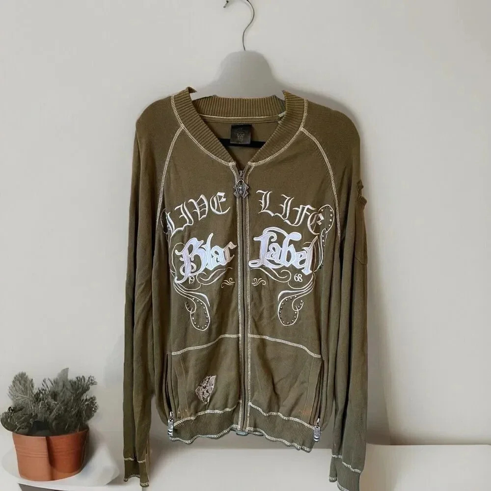 VTG Y2K Blac Label Full Zip Jacket Khaki Spell out Embroidered Unsex 2X Cotton
